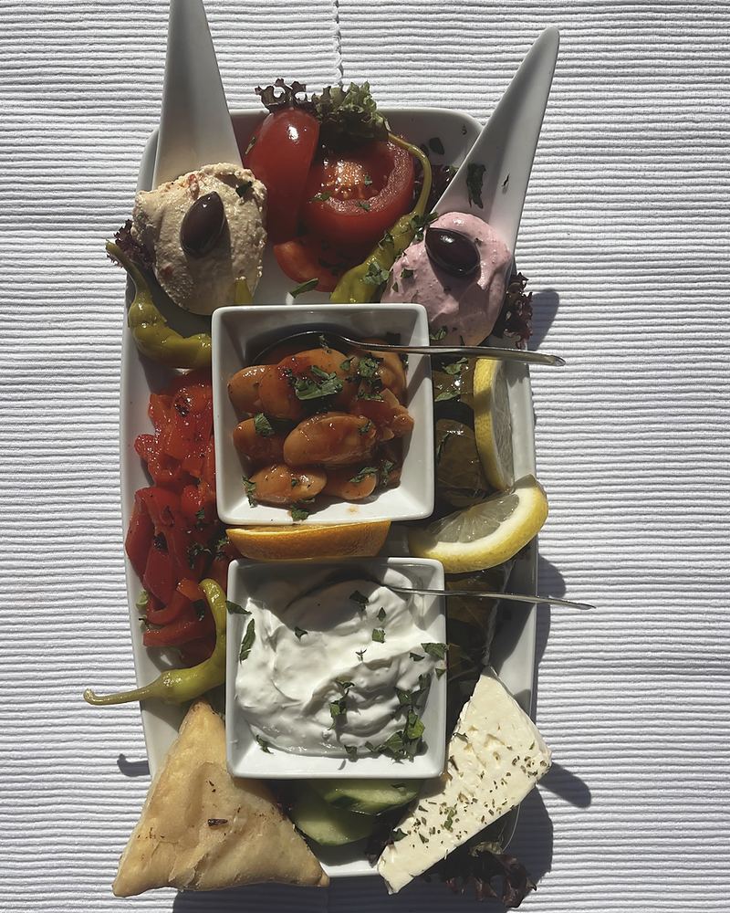 Vorspeisenteller mit Zaziki, Tirokafteri, Weinblättern, dicken Bohnen, Feta und Fladenbrot